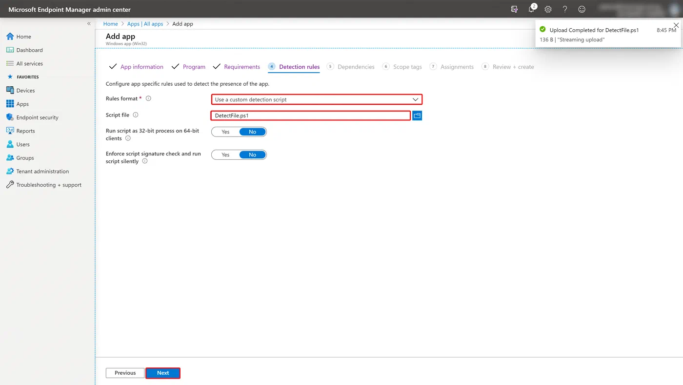 Intune Win32 app detection rules using the custom PowerShell script