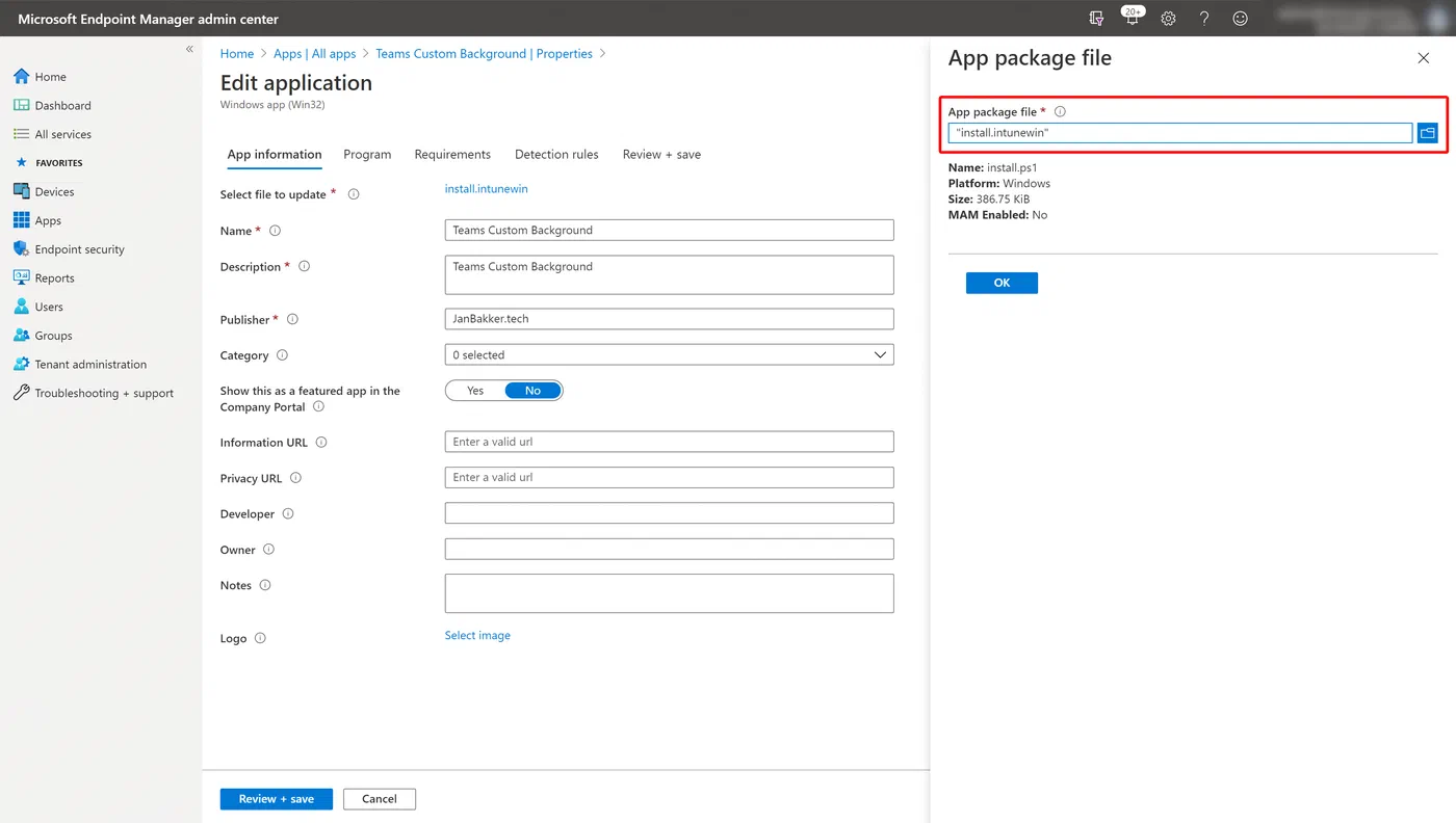 Intune app wizard selecting the packaged custom background installer