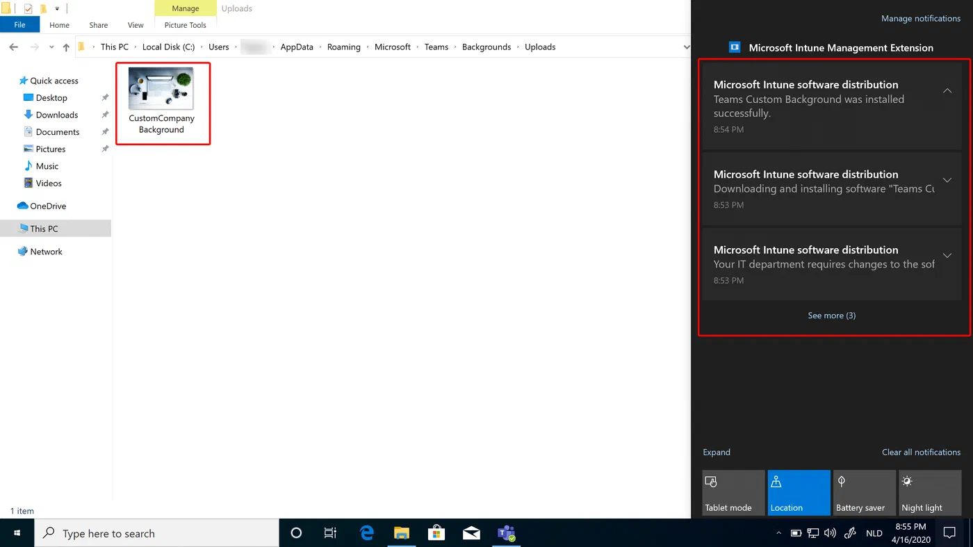 Windows device showing the deployed custom Teams background image