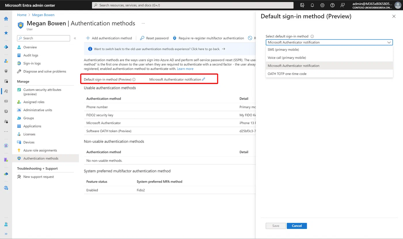 Microsoft Entra admin center setting to change a user’s default sign-in method