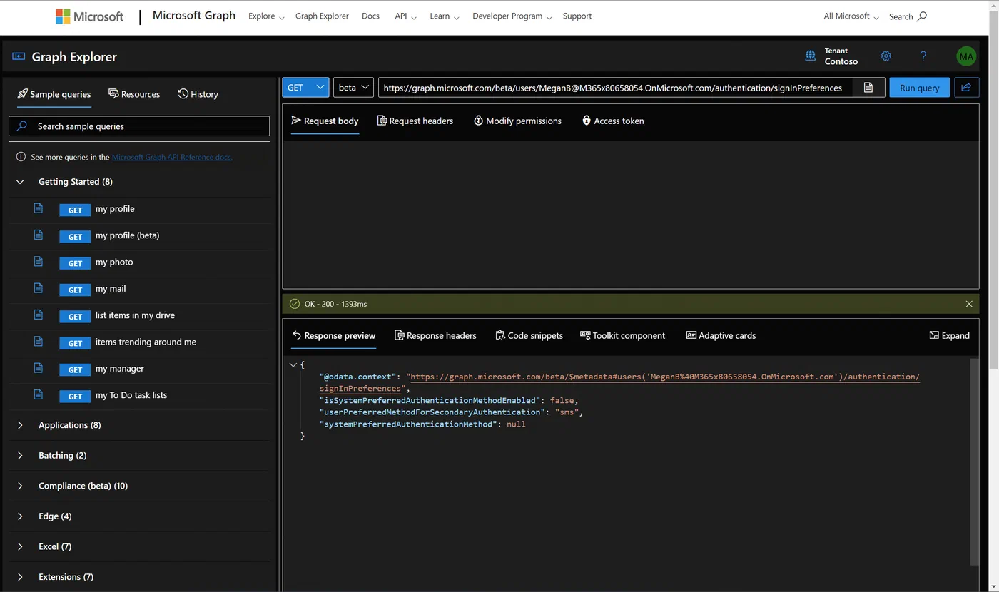 Graph Explorer request retrieving a user’s authentication sign-in preferences