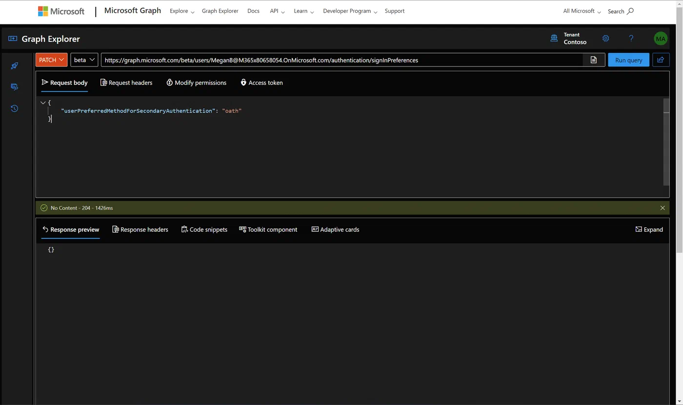 Graph Explorer request updating the user’s preferred secondary authentication method