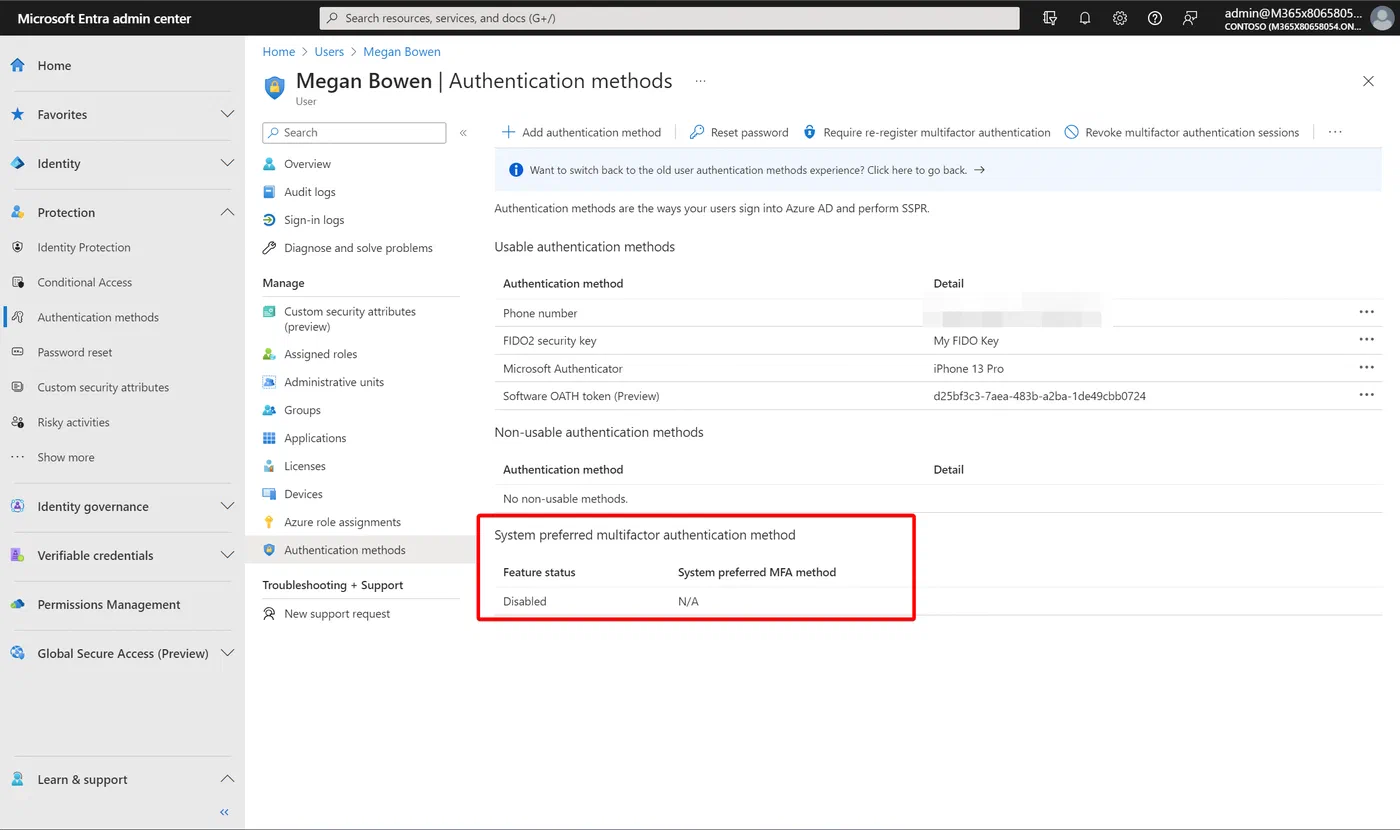 Microsoft Entra authentication sign-in preferences showing the default MFA method