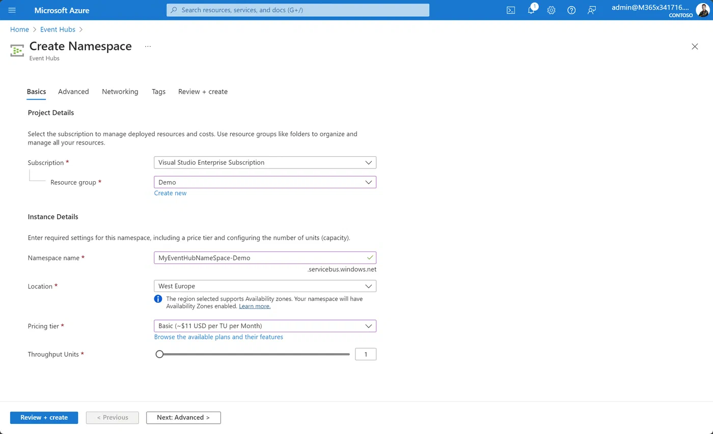 Azure Event Hubs namespace creation form with the Basic pricing tier