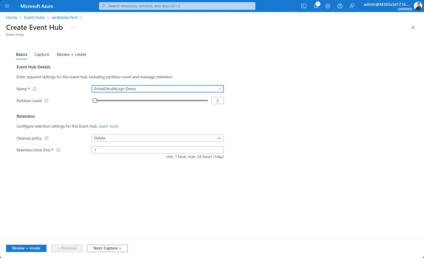 Azure Event Hub configuration with one-hour message retention