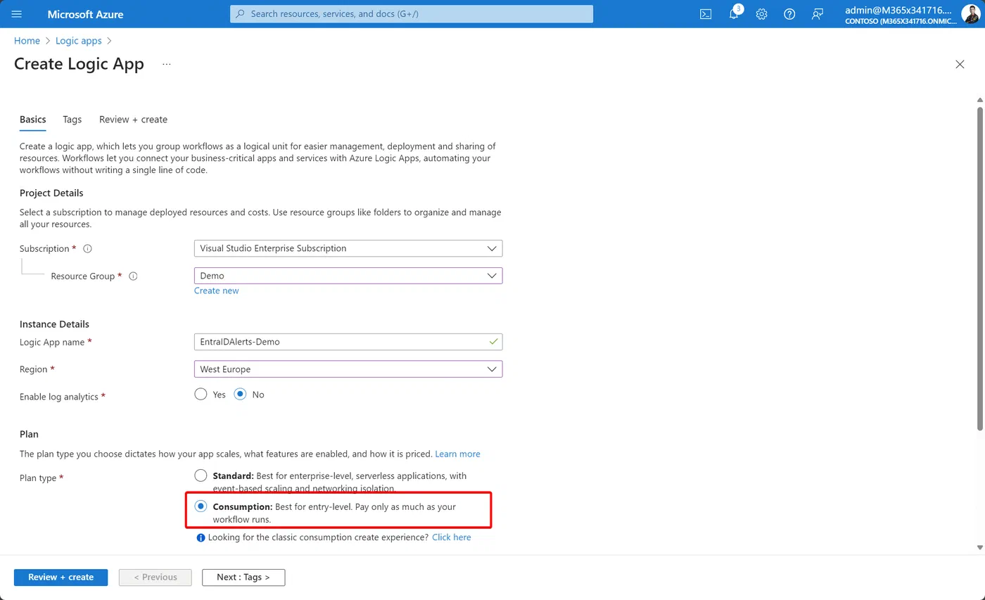 Azure portal form for creating a consumption-based Logic App