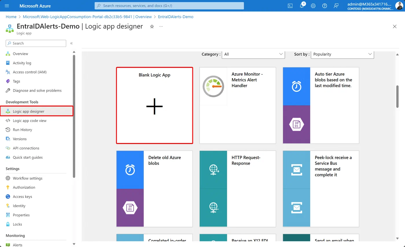 Logic Apps editor displaying the blank workflow template