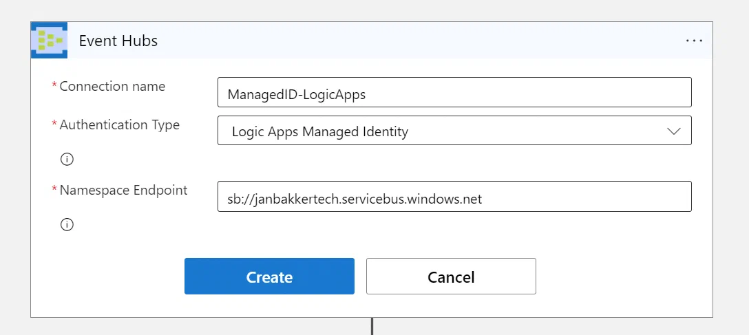 Logic Apps managed identity connection settings for an Event Hubs namespace