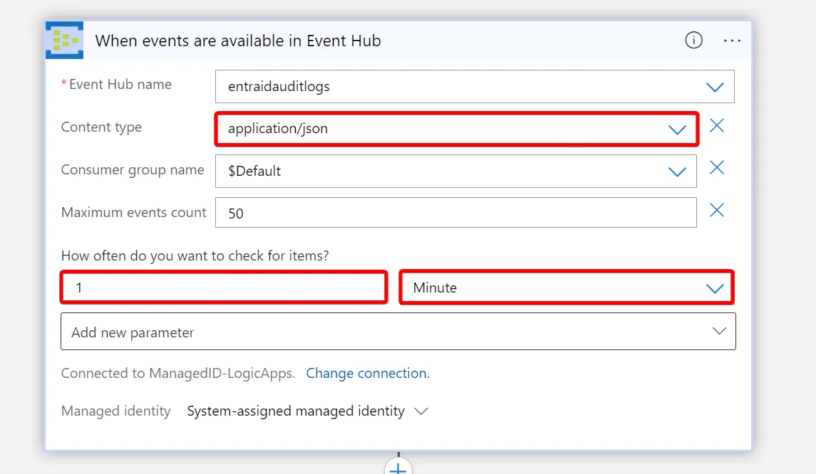Logic Apps Event Hubs trigger configured with JSON content and polling interval