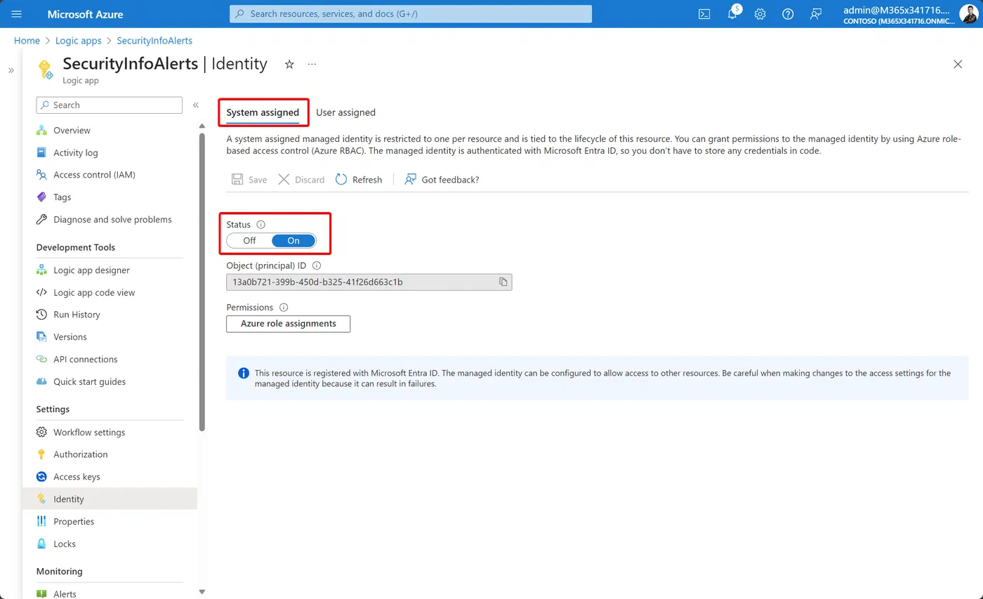 Logic App system-assigned managed identity settings in the Azure portal