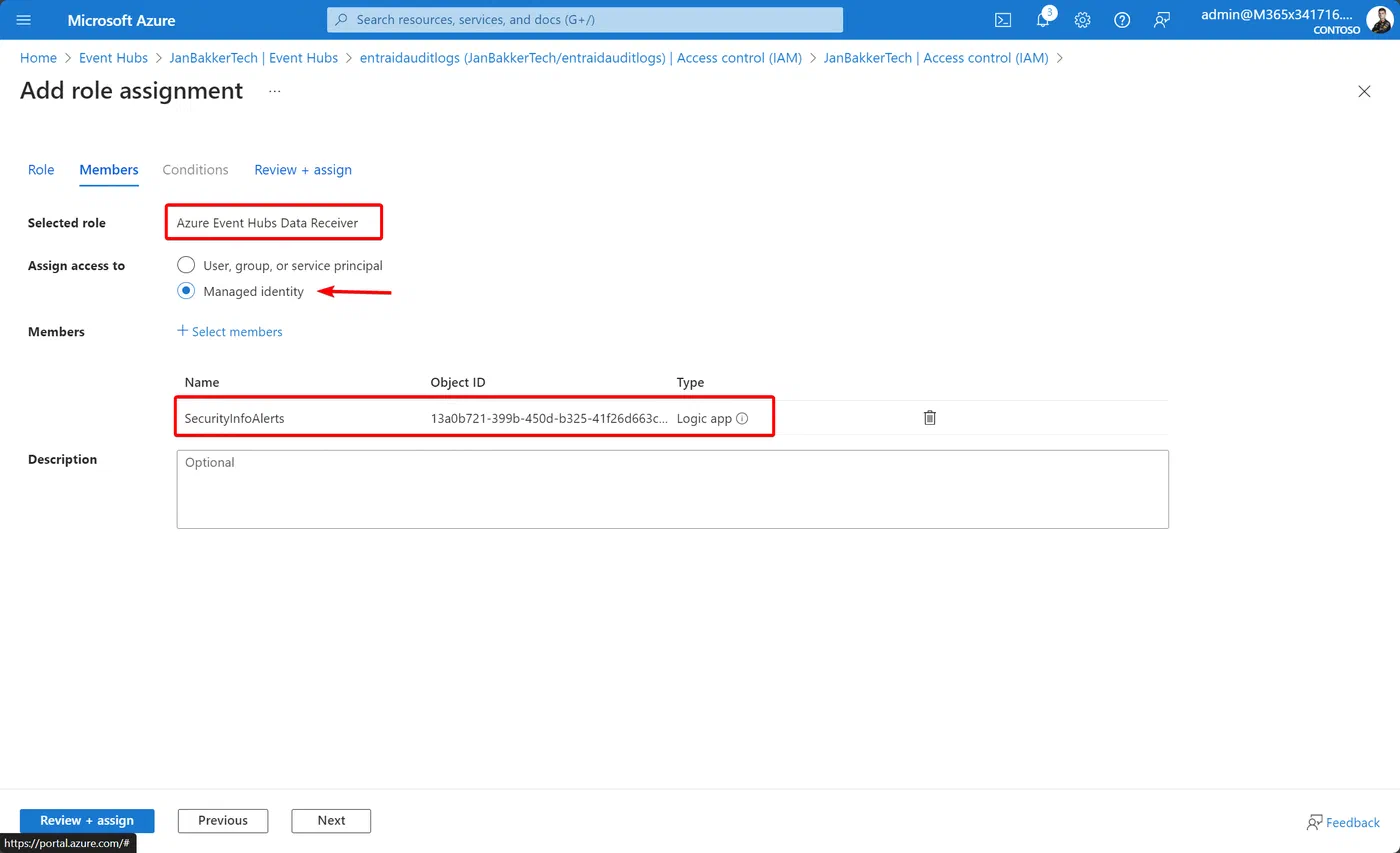 Azure role assignment granting Event Hubs Data Receiver to the managed identity