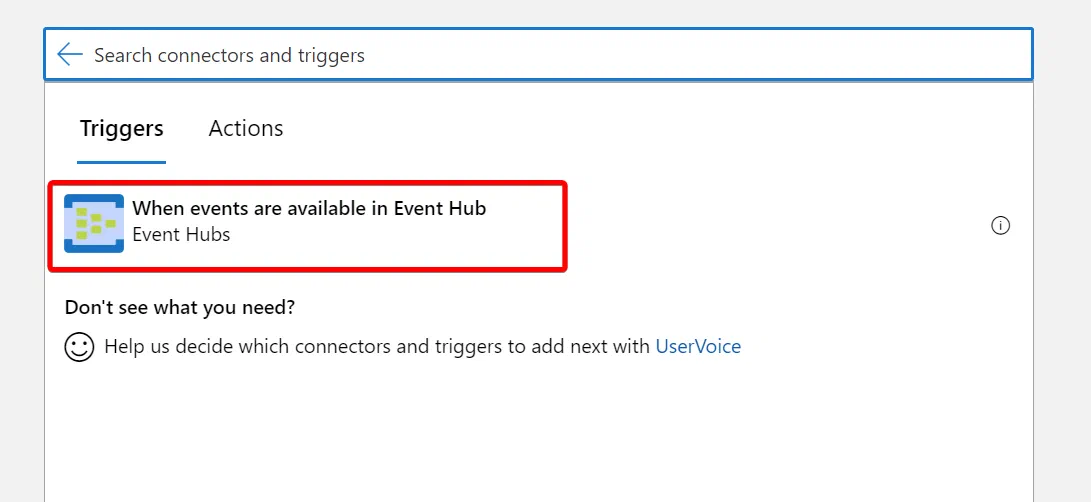 Logic Apps trigger picker with the Event Hubs events trigger selected