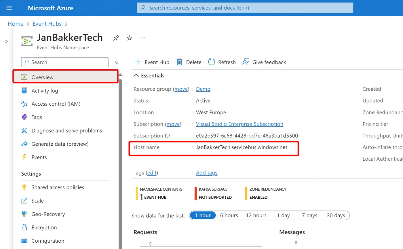 Azure Event Hubs namespace overview showing its endpoint URL