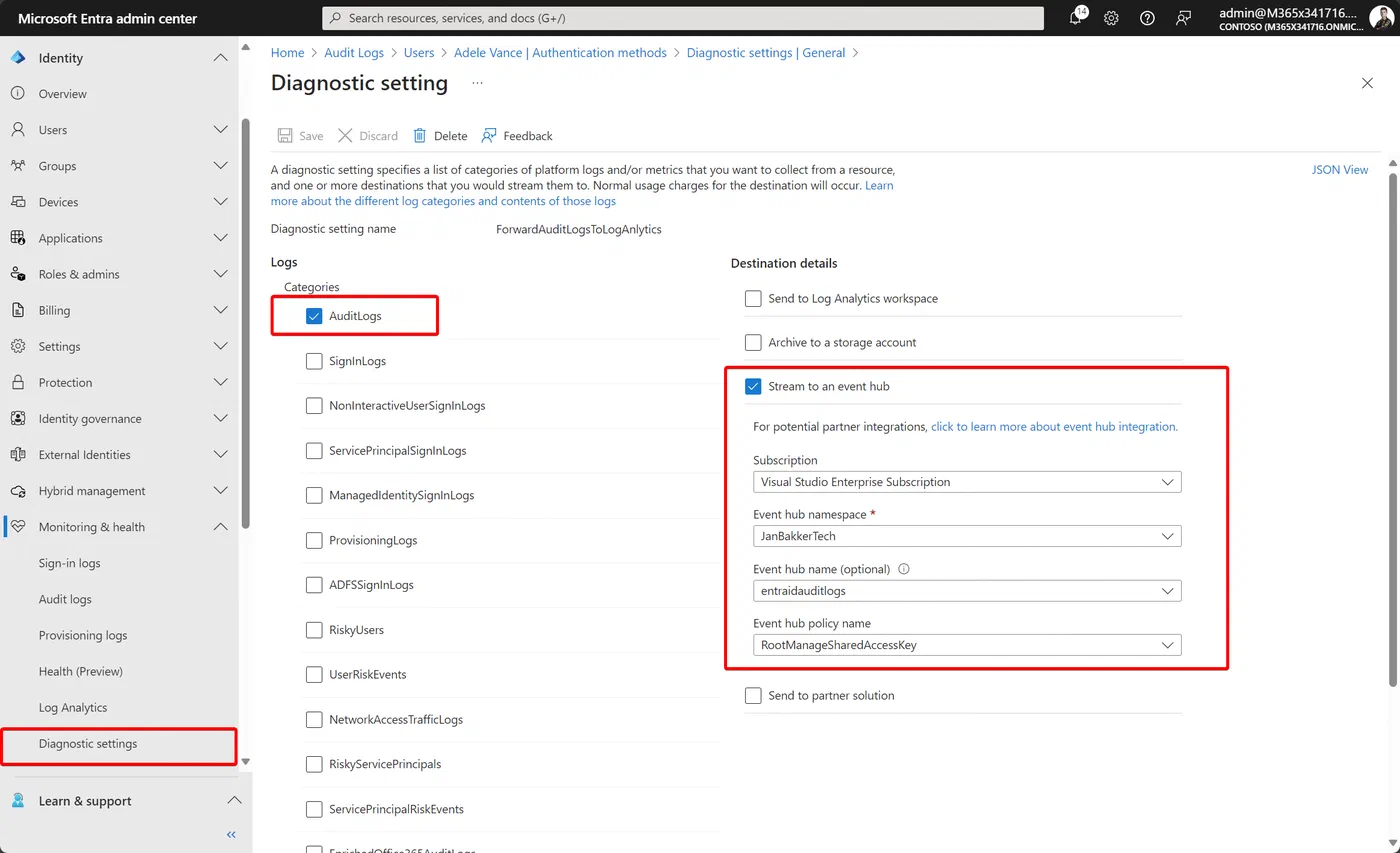 Microsoft Entra diagnostic settings routing audit logs to Azure Event Hubs