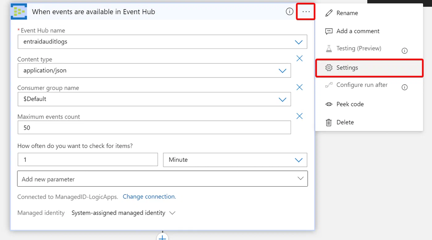 Logic Apps Event Hubs trigger settings with trigger conditions