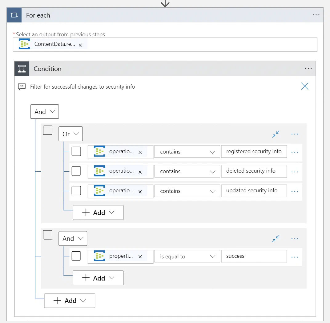 Logic Apps condition checking authentication method operations and successful results