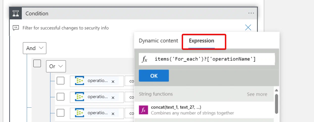 Logic Apps condition using expressions to filter authentication method audit events