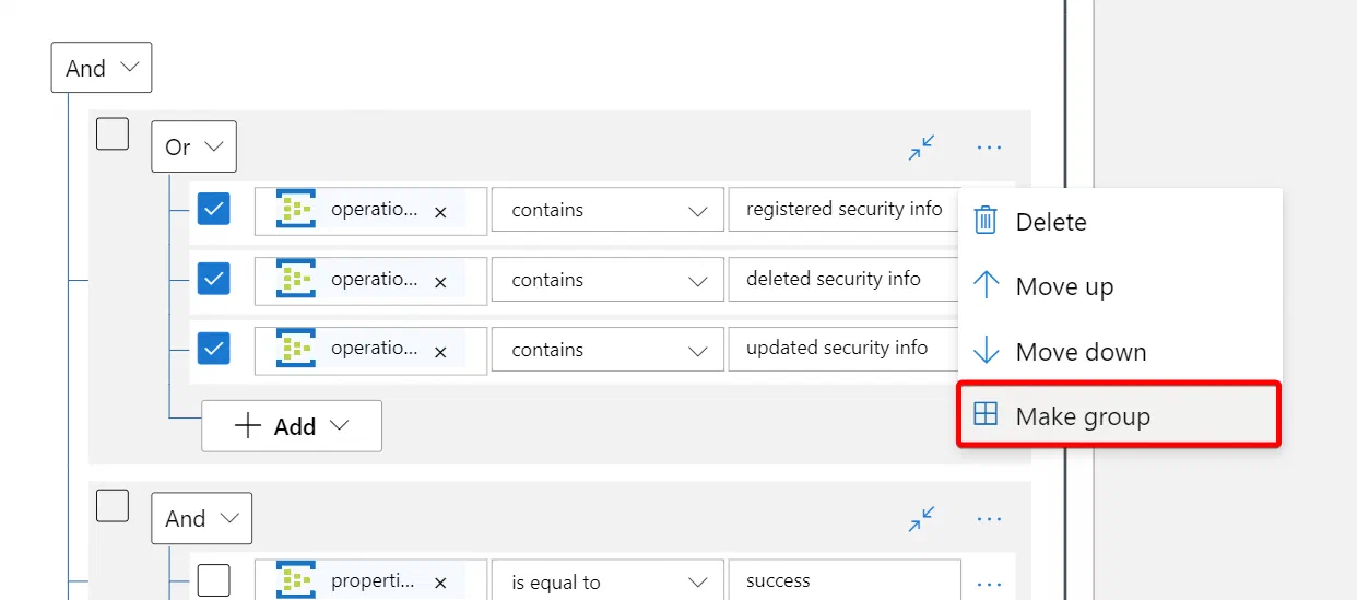 Logic Apps condition groups combining authentication method event filters