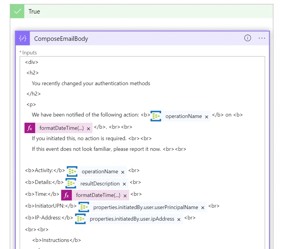 Logic Apps Compose action building the authentication change notification email