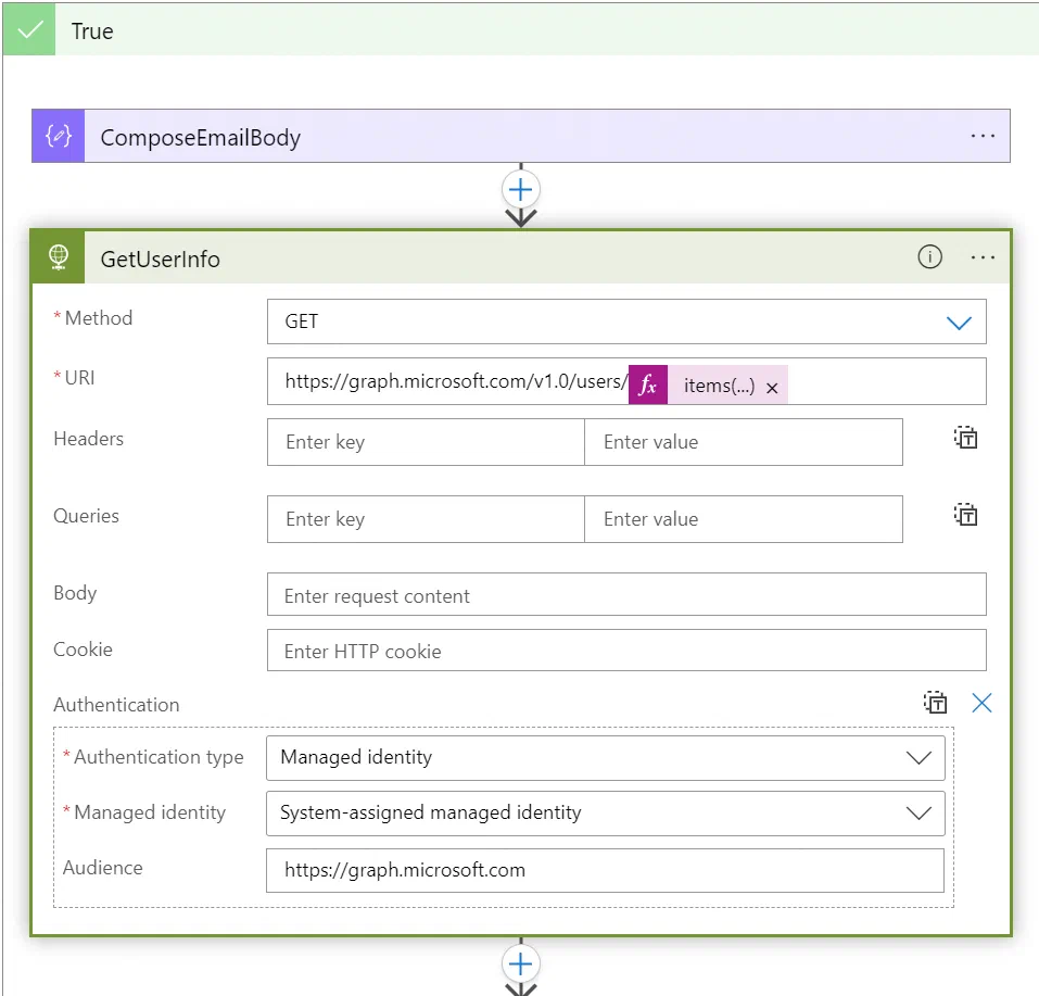 Logic Apps Graph request retrieving details about the affected user