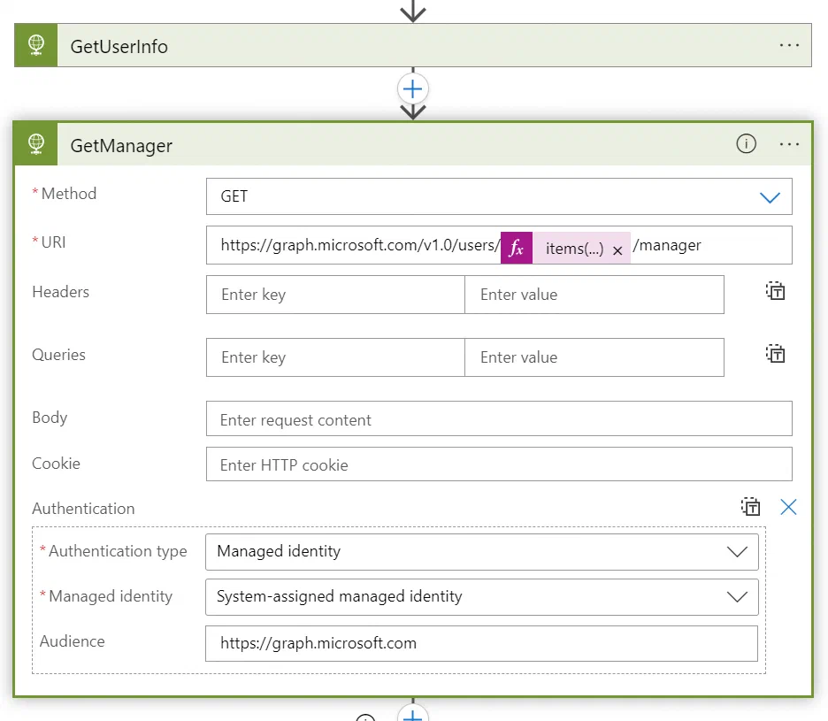 Logic Apps Graph request retrieving the affected user’s manager
