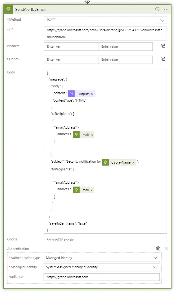 Logic Apps Microsoft Graph sendMail action configuration