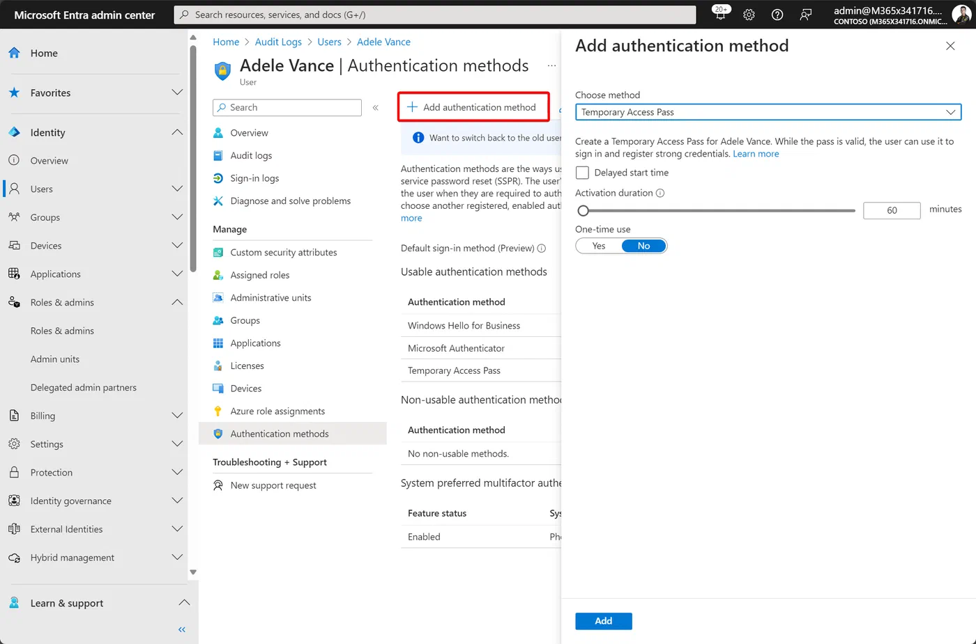 Microsoft Entra authentication methods page after a test account change