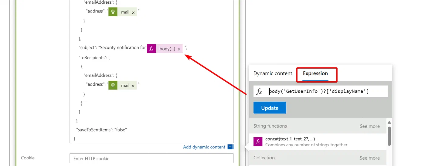 Logic Apps email configuration mapping the message body and recipients