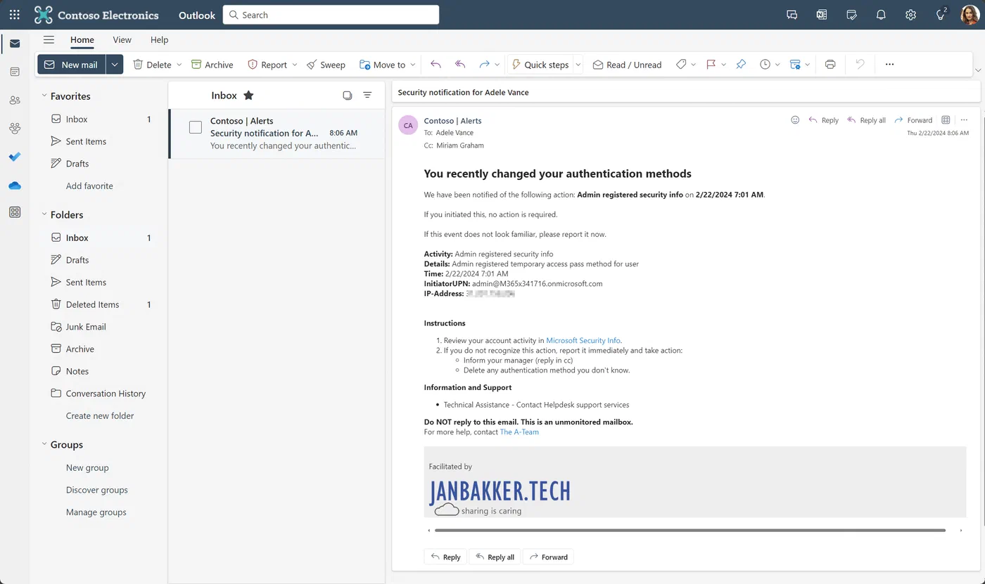 Email notification informing a user about an authentication method change
