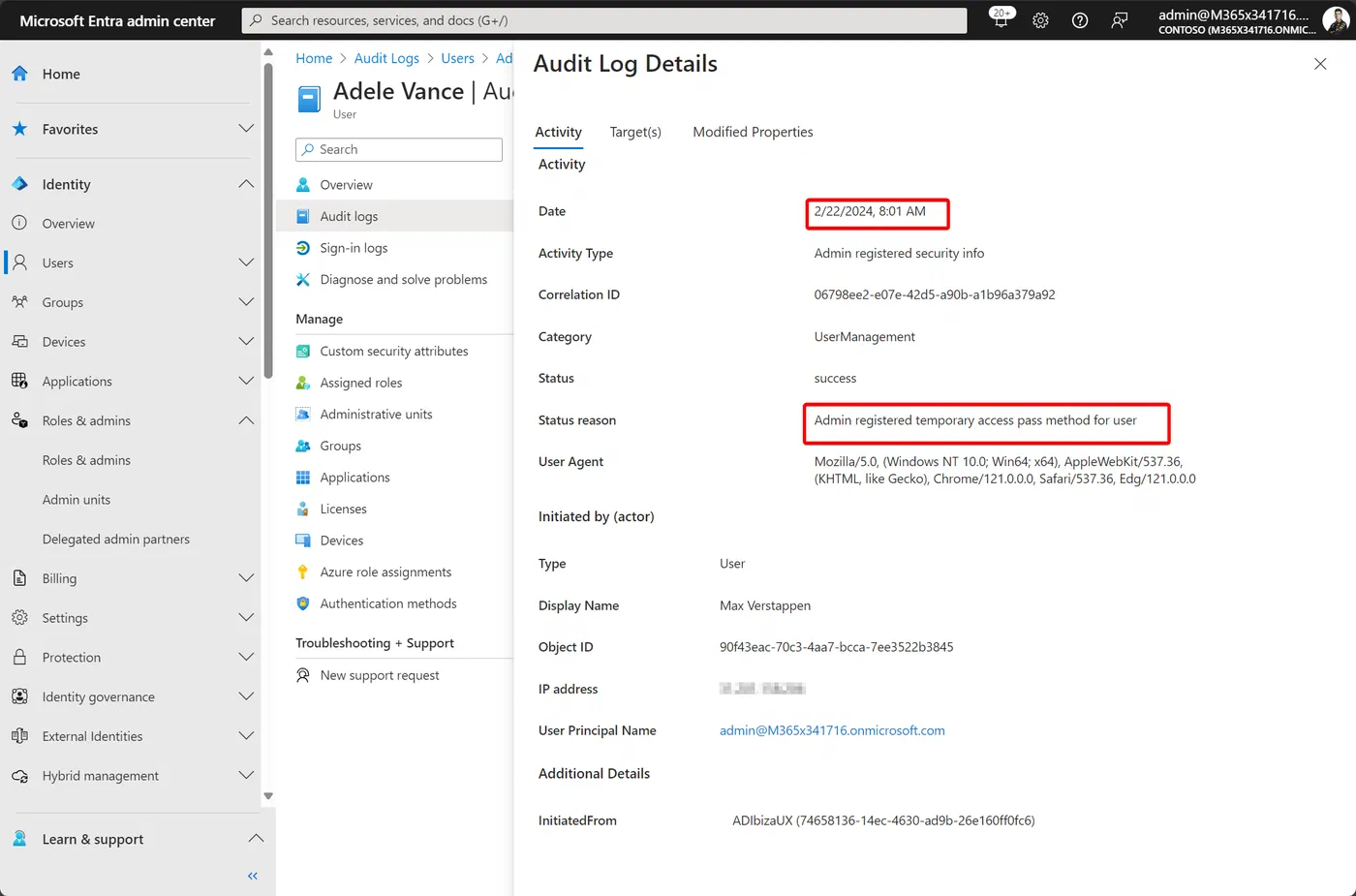 Microsoft Entra audit log entry for an authentication method change