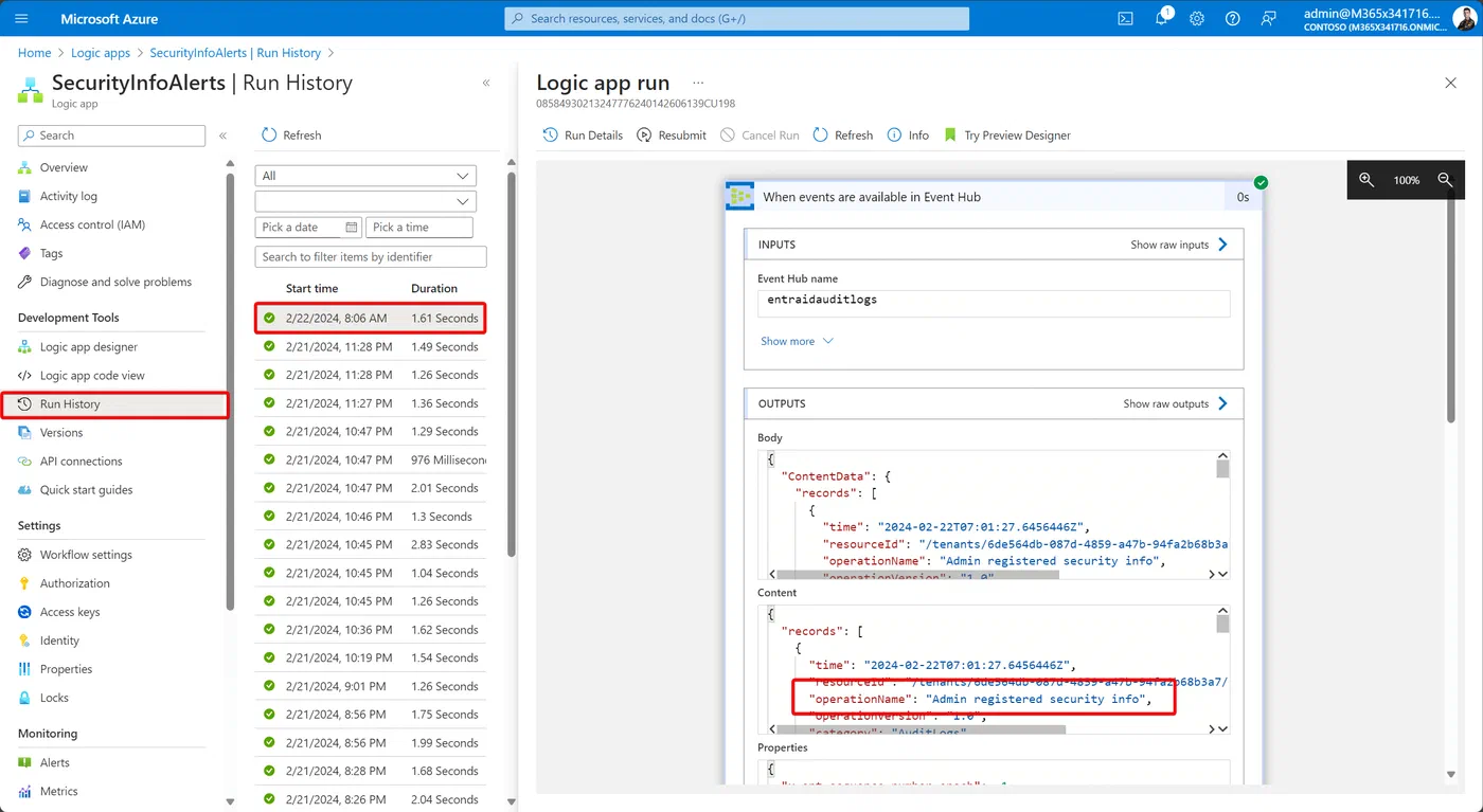 Azure Logic App run history showing the authentication alert workflow triggered