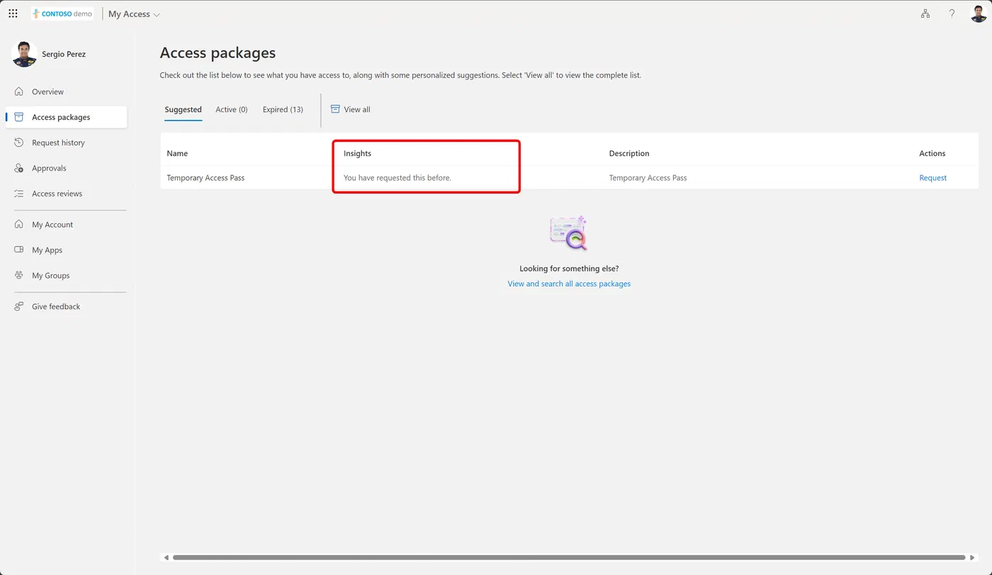 My Access page displaying suggested access packages for the user