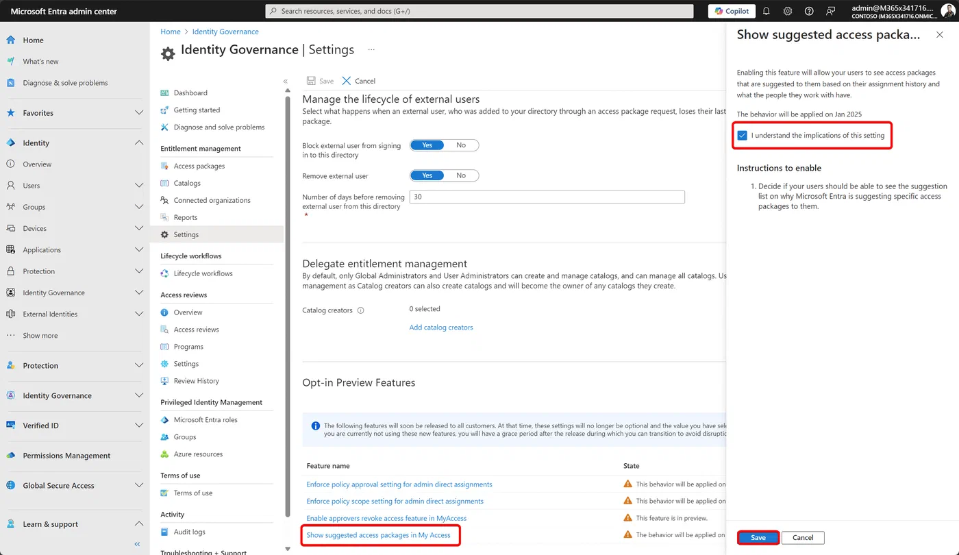 Microsoft Entra Identity Governance setting to show suggested access packages