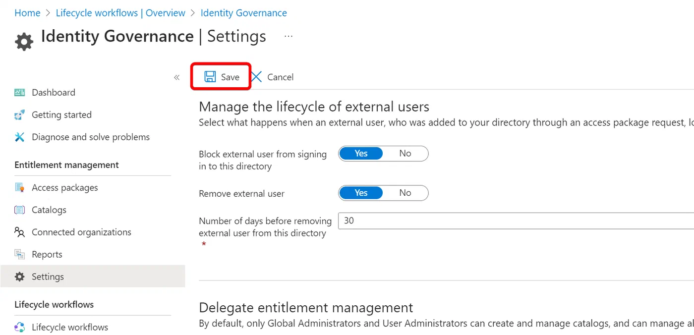 Microsoft Entra admin center saving the suggested access packages preview setting