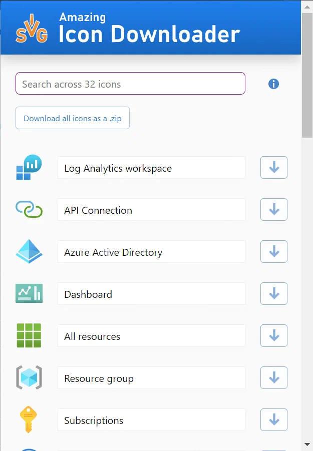 Microsoft Edge icon downloader extension displaying icons from an admin portal