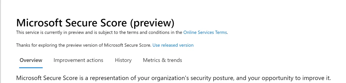 Microsoft Secure Score portal landing page with security score overview