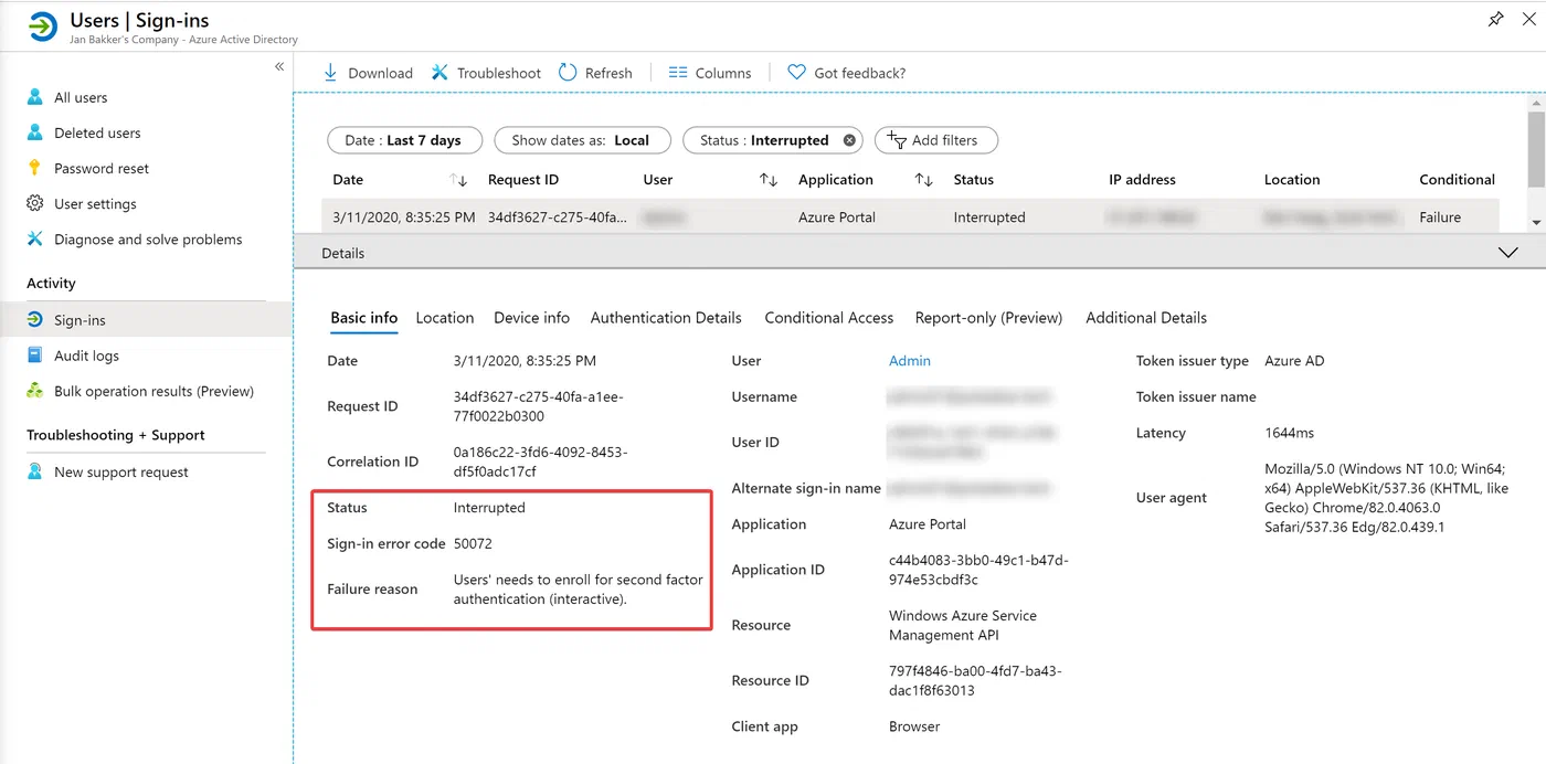 Azure portal sign-in logs filtered for interrupted administrator sign-ins
