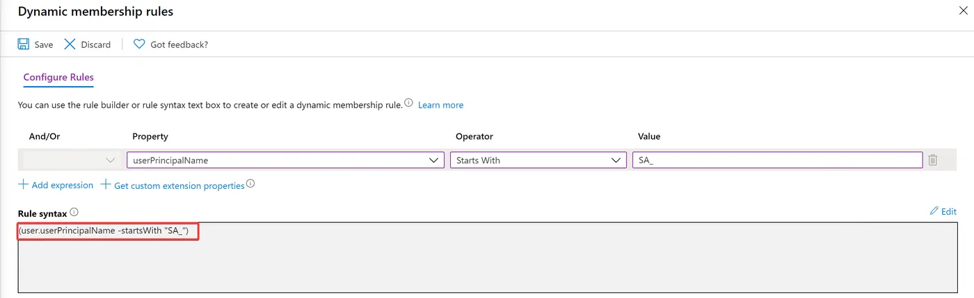 Azure AD security group configuration for excluding service accounts from policy