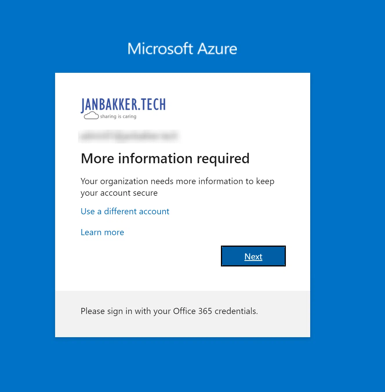 Administrator sign-in prompt to register for multi-factor authentication