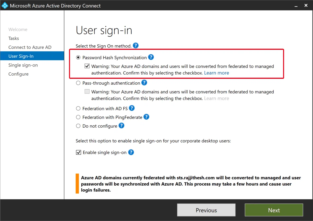 Azure AD Connect wizard selecting Password Hash Sync as the sign-in method