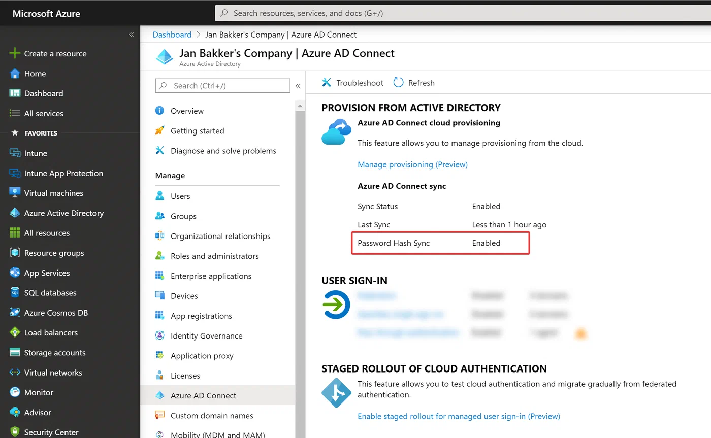 Azure portal showing password hash synchronization enabled