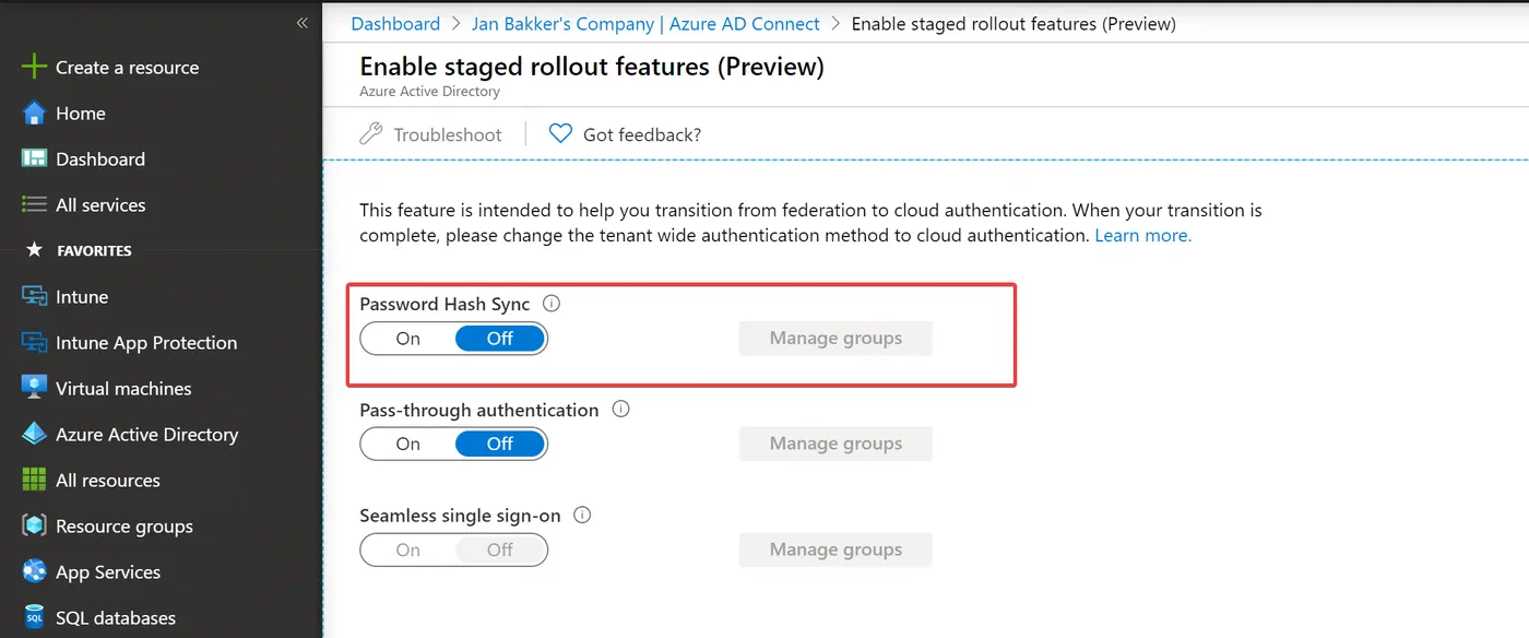 Azure AD staged rollout configuration for a pilot group using password hash sync