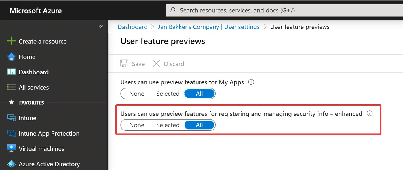 Azure portal user feature previews setting for combined security information registration
