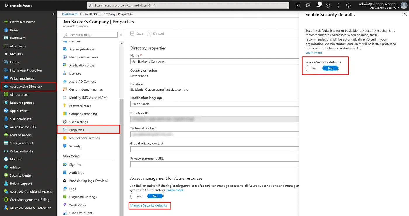 Azure Active Directory properties with Security Defaults configuration