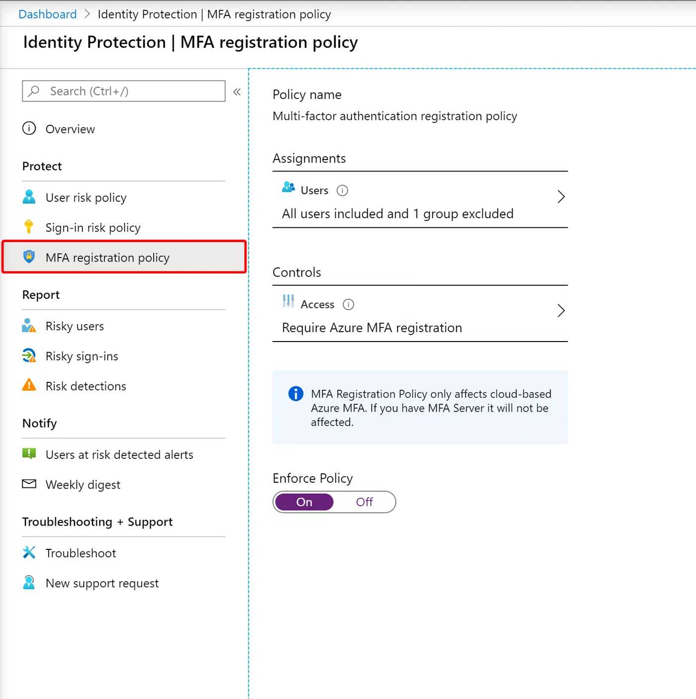 Azure AD Identity Protection MFA registration policy settings