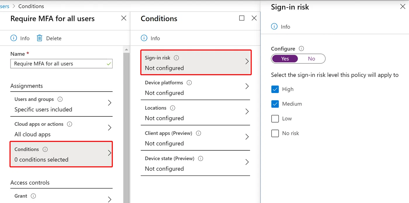 Conditional Access policy using sign-in risk to require multi-factor authentication