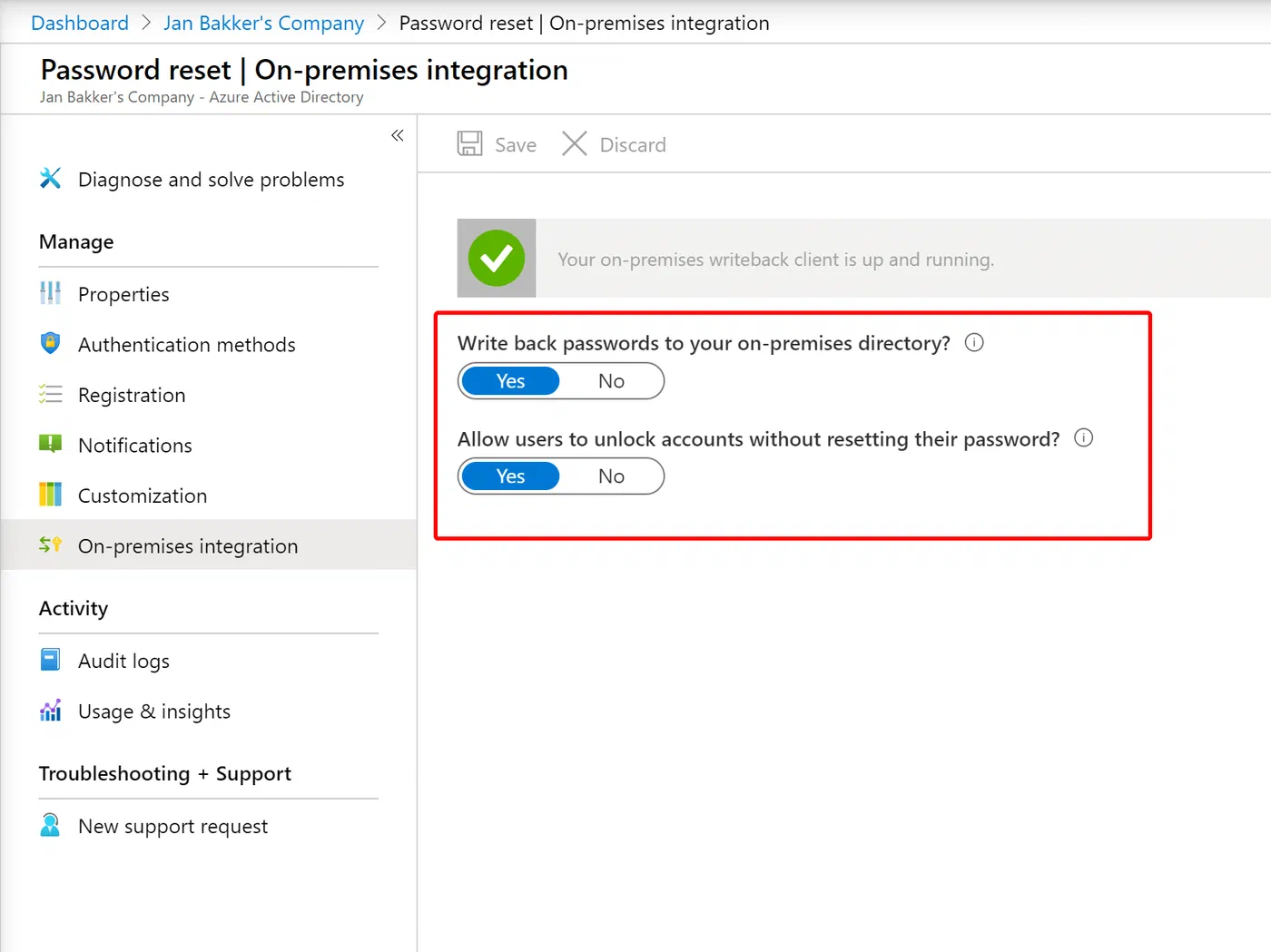 Azure AD Password Reset on-premises integration settings for account unlock