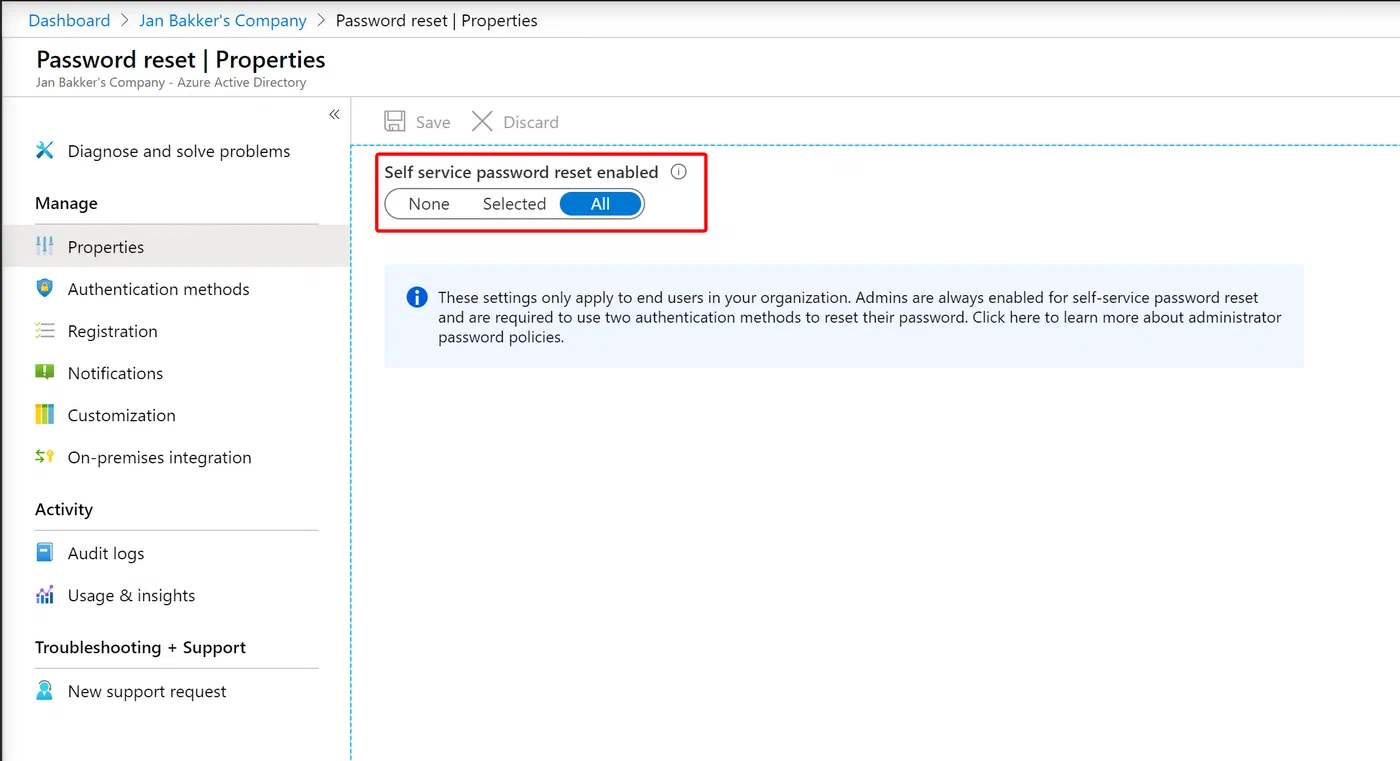 Azure AD Password Reset scope set for all users or selected groups