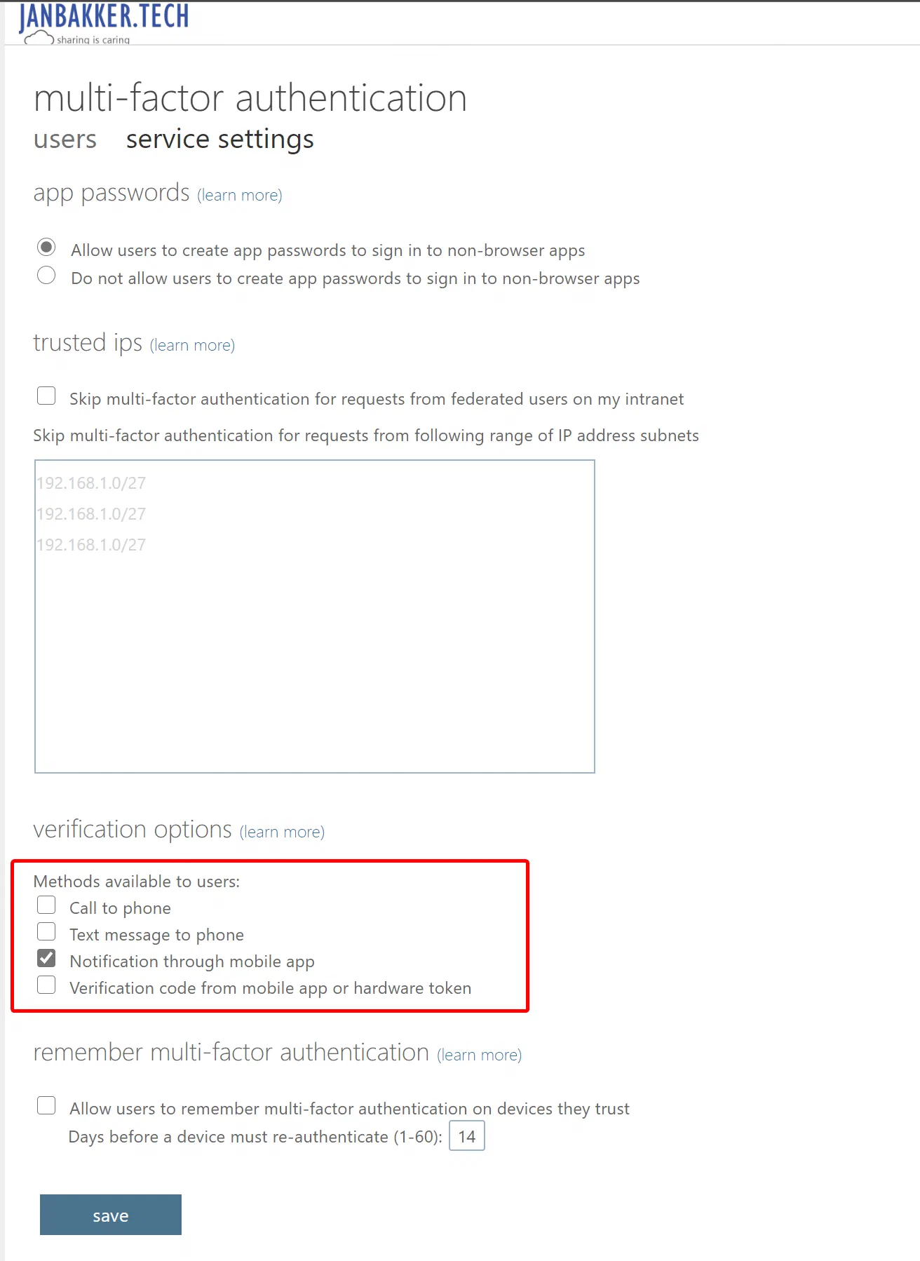 Azure MFA service settings controlling available verification methods