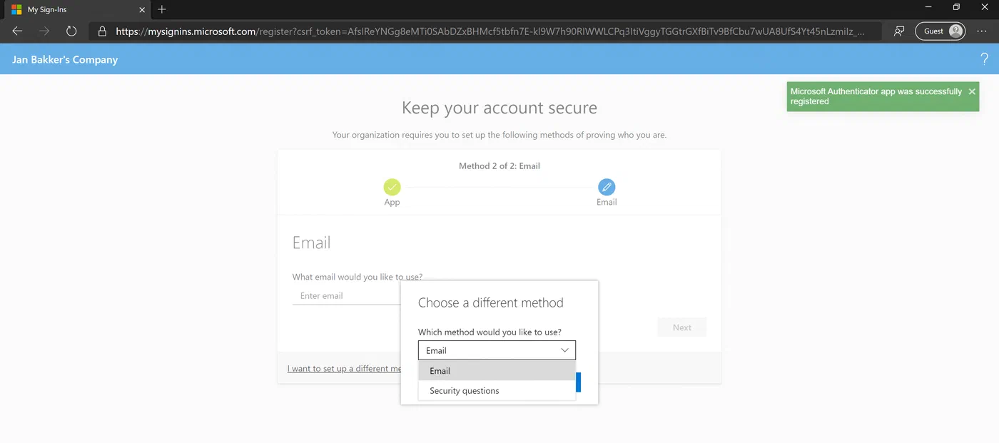 Combined registration portal offering available methods for a second verification step